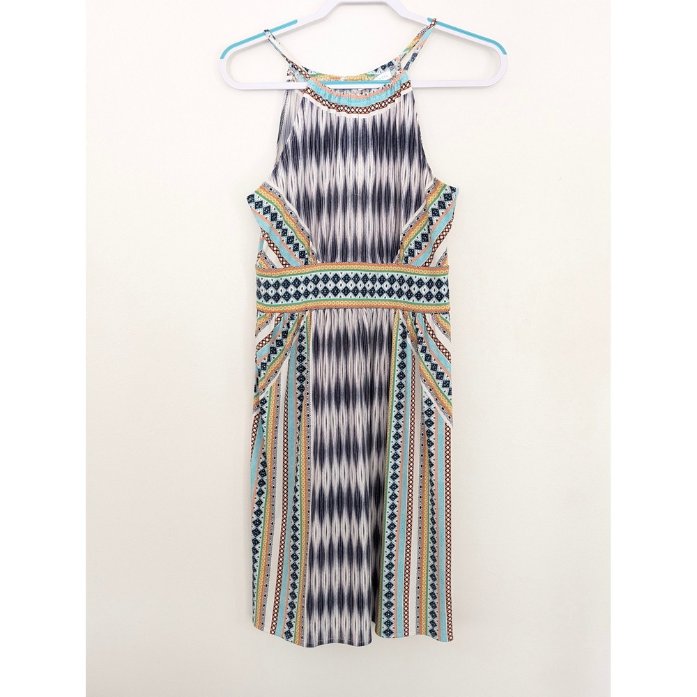 London Times‎ Womens Halter Neck Ikat Geometric Print Pocket Dress Blue Orange 4
